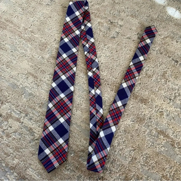 Pierre Cardin Slim Red Blue White Tartan Plaid 100% Cotton Neck Tie - Picture 2 of 4